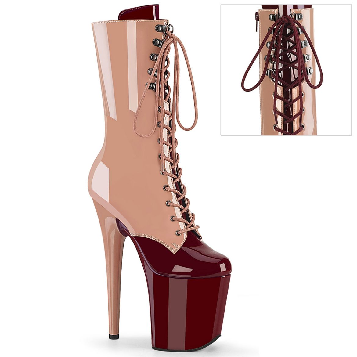 Product image of Pleaser FLAMINGO-1054DC Blush-Burgundy Pat/Blush Burgundy 8 Inch Heel 4 Inch PF Two Tone Lace-Up Mid Calf Boot Side Zip
