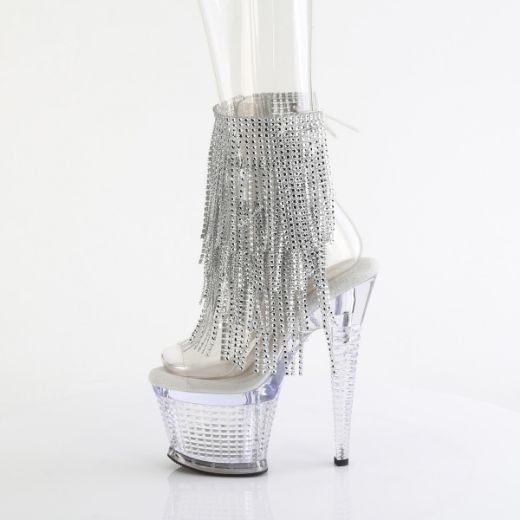 Product image of Pleaser SPECTATOR-1017RSF Clr-Slv/Clr 7 Inch Heel 3 Inch Textured PF Open Toe/Heel Lace-Up Fringe Ankle