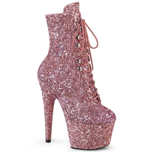 Product image of Pleaser ADORE-1020GWR Rose Gold Glitter/Rose Gold Glitter 7 Inch Heel 2 3/4 Inch PF Lace-Up Glitter Ankle Boot Side Zip