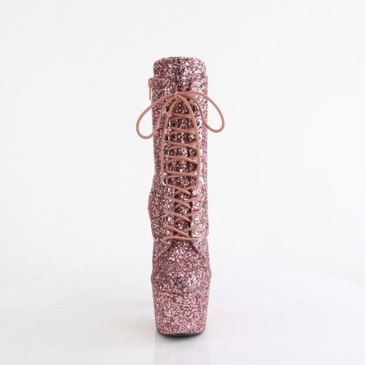 Product image of Pleaser ADORE-1020GWR Rose Gold Glitter/Rose Gold Glitter 7 Inch Heel 2 3/4 Inch PF Lace-Up Glitter Ankle Boot Side Zip