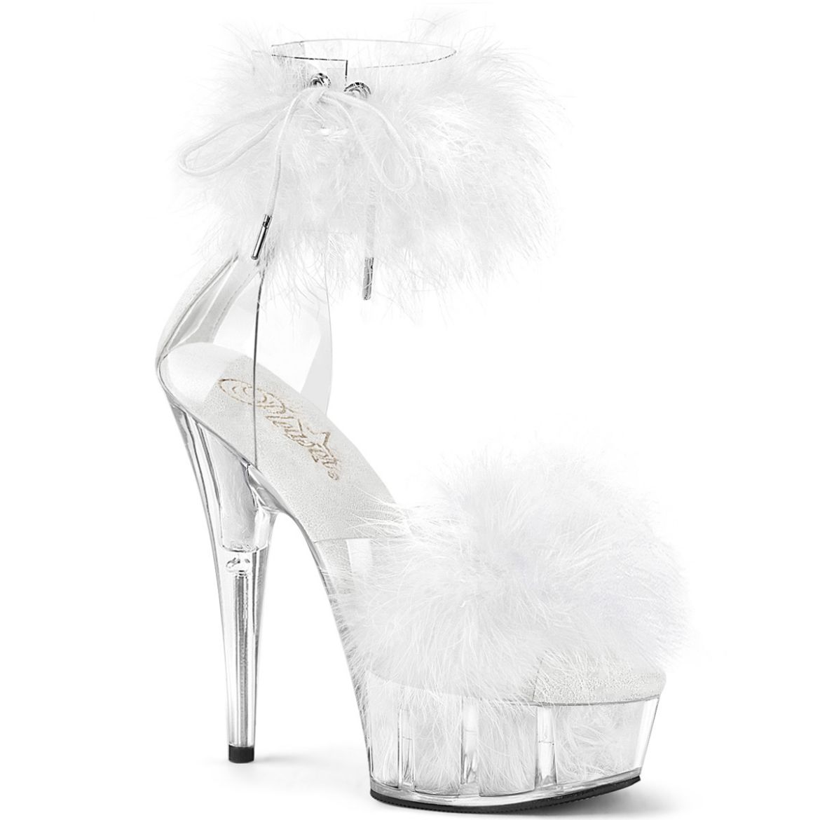 Product image of Pleaser DELIGHT-624F Clr-Wht Fur/M 6 Inch Heel 1 3/4 Inch PF Marabou Fur Ankle Cuff Sandal Back Zip