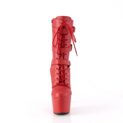 Product image of Pleaser ADORE-1043 Red Faux Leather/Matching 7 Inch Heel 2 3/4 Inch PF Lace-Up Front Ankle Boot Side Zip