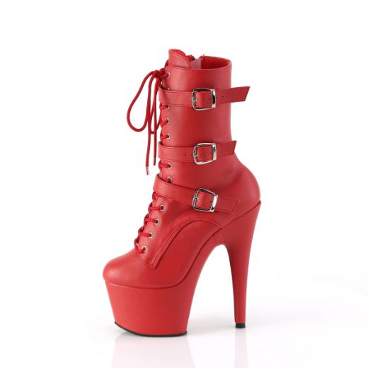 Product image of Pleaser ADORE-1043 Red Faux Leather/Matching 7 Inch Heel 2 3/4 Inch PF Lace-Up Front Ankle Boot Side Zip