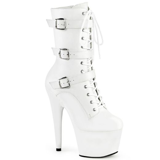 Product image of Pleaser ADORE-1043 White Faux Leather/Matching 7 Inch Heel 2 3/4 Inch PF Lace-Up Front Ankle Boot Side Zip