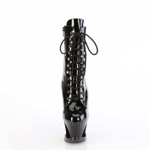 Product image of Pleaser MOON-1020SK Blk Pat/Blk-Pewter 7 Inch Heel 2 3/4 Inch Cut-Out PF Lace-Up Ankle Boot Side Zip