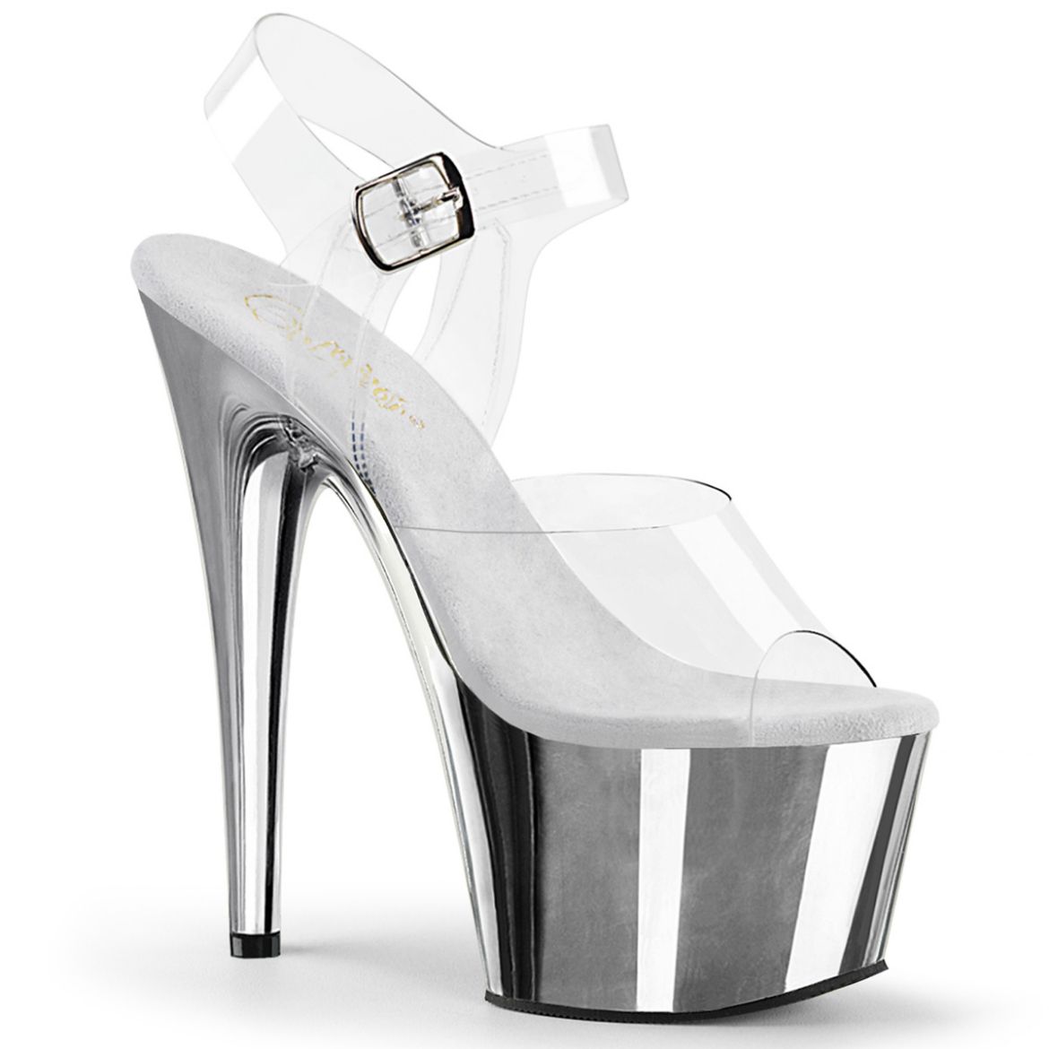 Product image of Pleaser ADORE-708 Clr-Matching/Slv Chrome 7 Inch Heel 2 3/4 Inch PF Ankle Strap Sandal w/ Chrome Plated Btm
