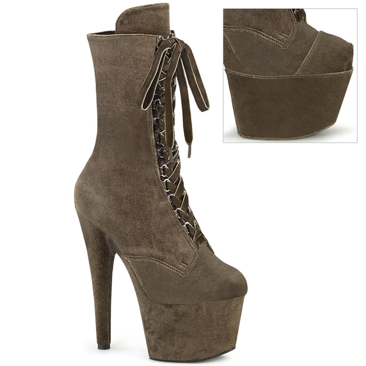 Product image of Pleaser ADORE-1045VEL Khaki Velvet/Khaki Velvet 7 Inch Heel 2 3/4 Inch PF Velvet Lace-Up Front Ankle Boot