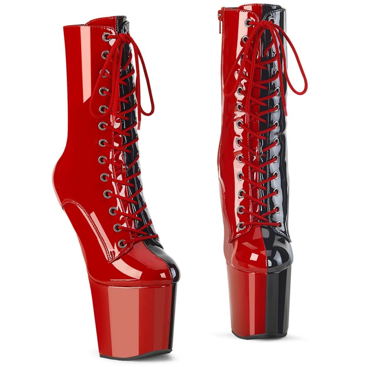 Product image of Pleaser CRAZE-1040TT Red-Blk Pat/Red-Blk 8 Inch Heelless 3 Inch PF Two Tone Lace-Up Ankle Boot Side Zip