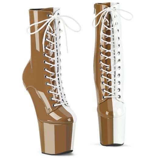 Product image of Pleaser CRAZE-1040TT Taupe-Wht Pat/Taupe-Wht 8 Inch Heelless 3 Inch PF Two Tone Lace-Up Ankle Boot Side Zip