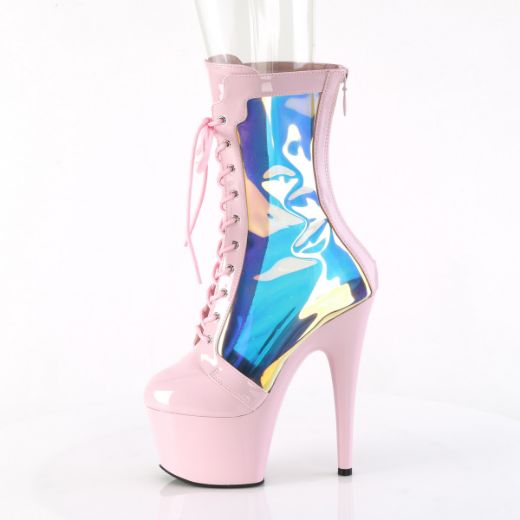 Product image of Pleaser ADORE-1047 B. Pink Pat-Holo/B. Pink 7 Inch Heel 2 3/4 Inch PF Lace-Up Front Anke Boot Back Zip