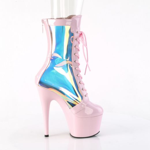 Product image of Pleaser ADORE-1047 B. Pink Pat-Holo/B. Pink 7 Inch Heel 2 3/4 Inch PF Lace-Up Front Anke Boot Back Zip