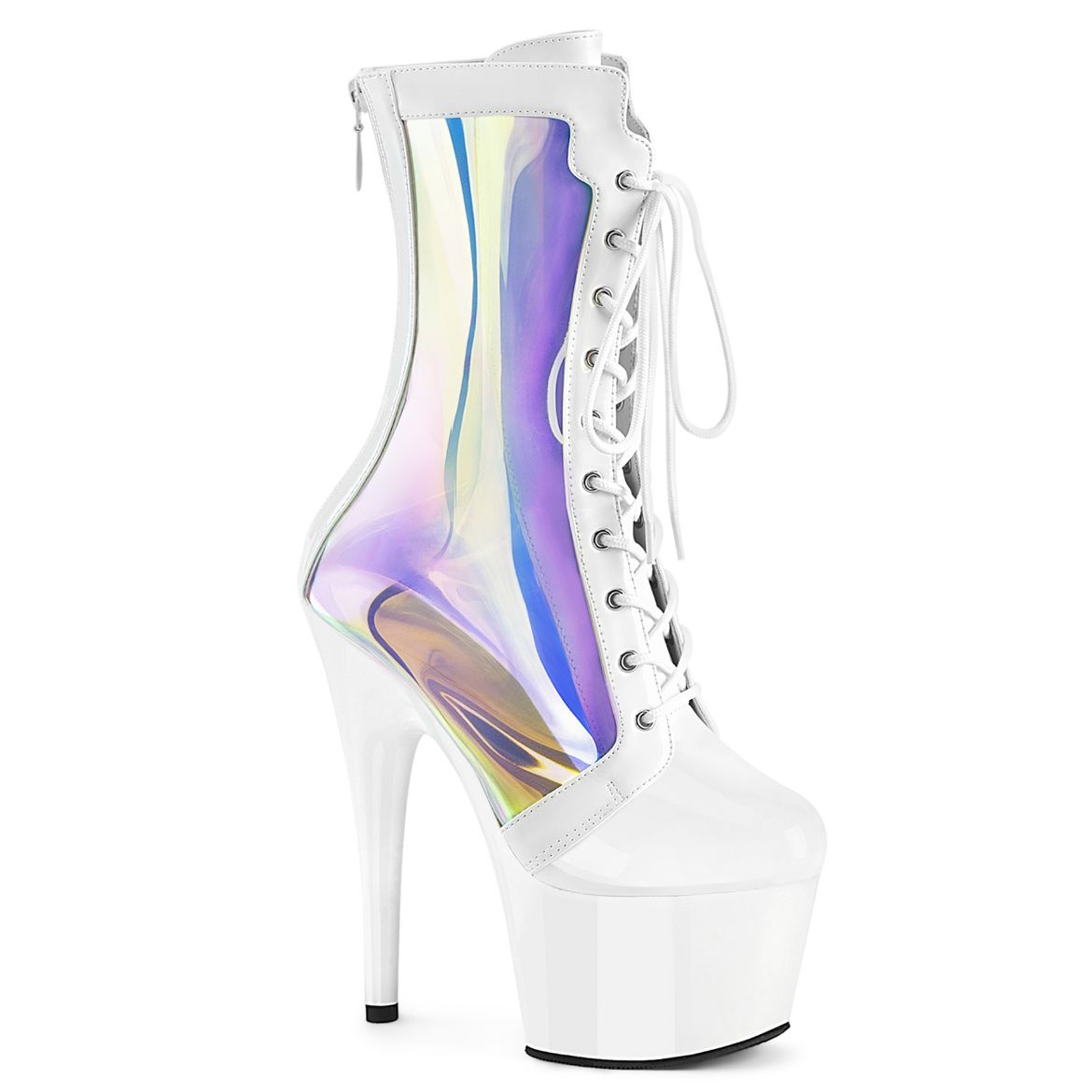 Product image of Pleaser ADORE-1047 Wht Pat-Holo/Wht 7 Inch Heel 2 3/4 Inch PF Lace-Up Front Anke Boot Back Zip