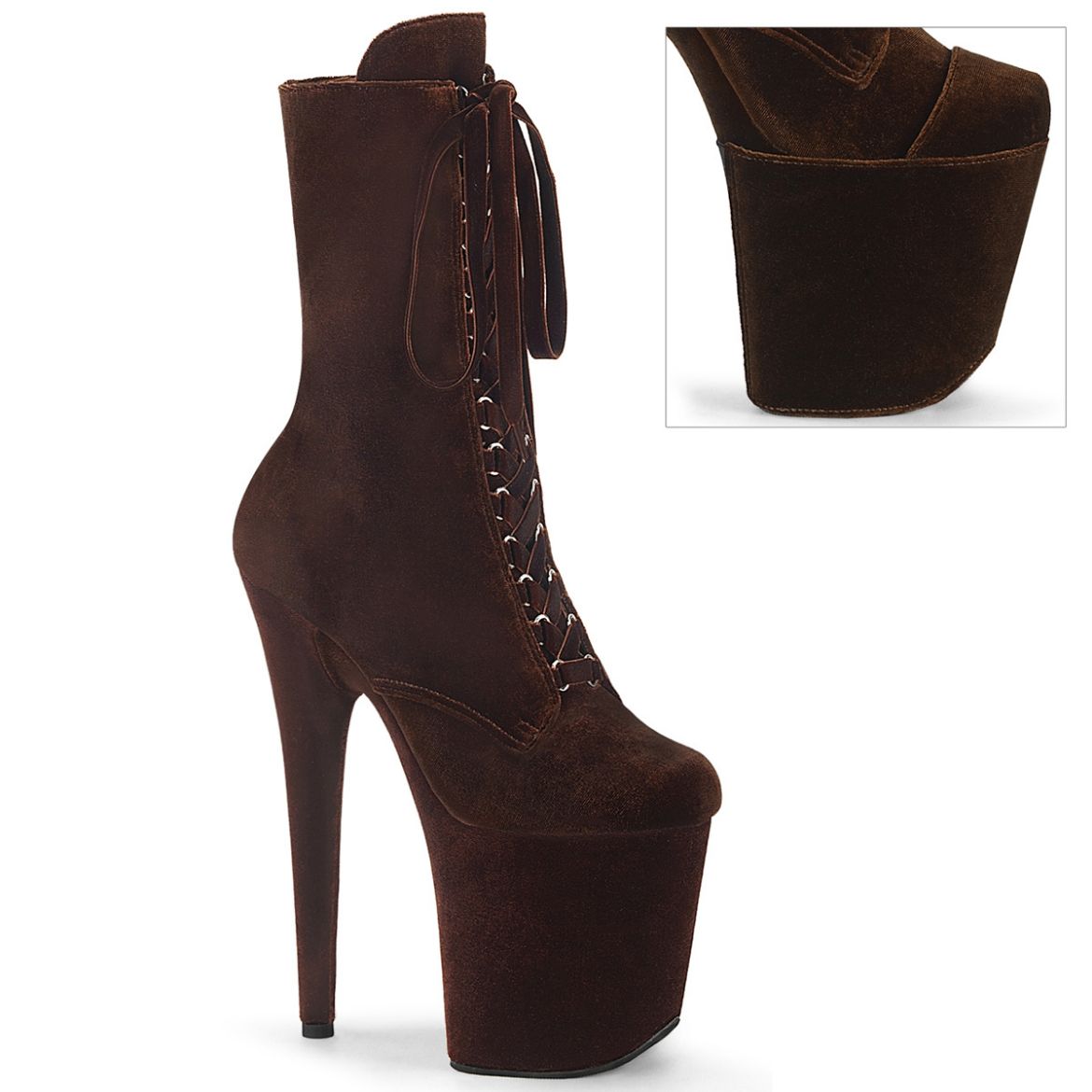 Product image of Pleaser FLAMINGO-1045VEL Brown Velvet/M 8 Inch Heel 4 Inch PF Velvet Lace-Up Front Ankle Boot