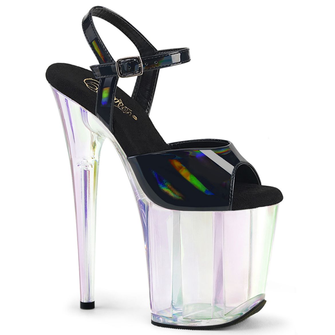 Product image of Pleaser FLAMINGO-809HT Blk Holo Pat/Holo Tinted 8 Inch Heel 4 Inch Holo Tinted PF Ankle Strap Sandal