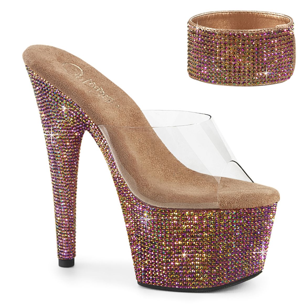 Product image of Pleaser BEJEWELED-712RS Clr/Bronze Multi RS 7 Inch Heel 2 3/4 Inch PF RS Embellished Slide w/Matching Cuff