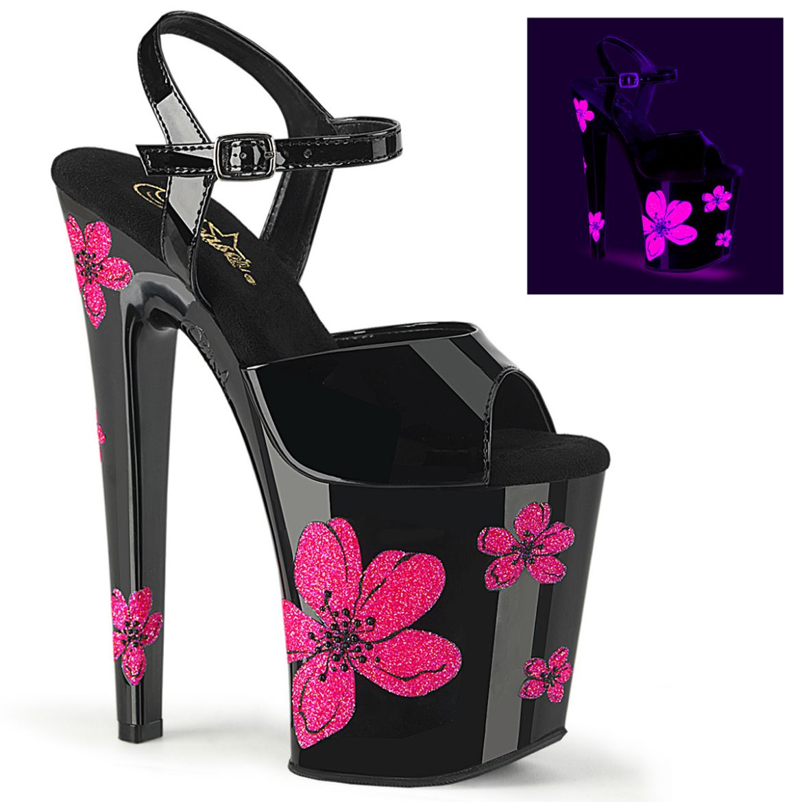 Product image of Pleaser XTREME-809HB Blk Pat/Blk-Neon Pink 8 Inch Heel 4 Inch PF Ankle Strap Sandal w/Hibiscus Flowers