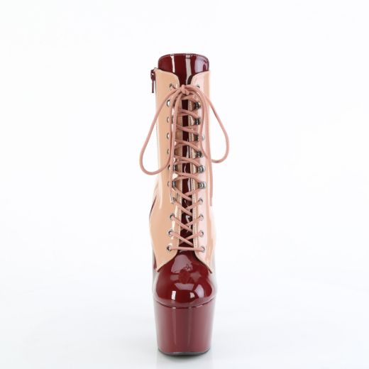 Product image of Pleaser ADORE-1020DC Blush-Burgundy Pat/M 7 Inch Heel 2 3/4 Inch PF Two Tone Lace-Up Ankle Boot Side Zip
