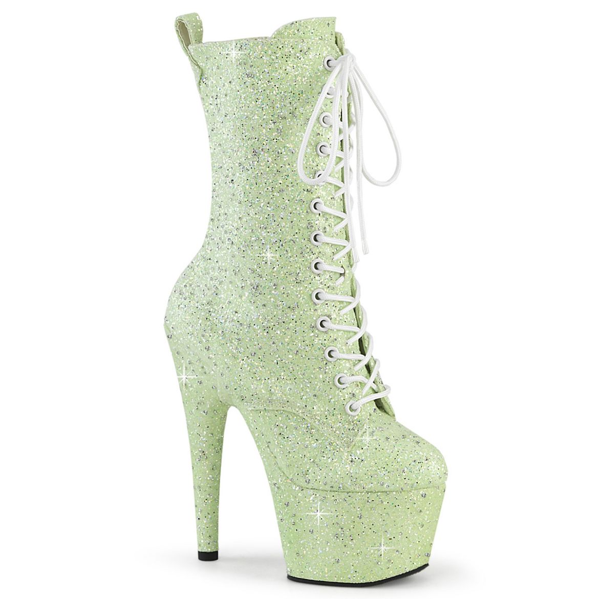 Product image of Pleaser ADORE-1040GR Mint Multi Glitters/Matching 7 Inch Heel 2 3/4 Inch PF Lace-Up Front Ankle Boot Side Zip