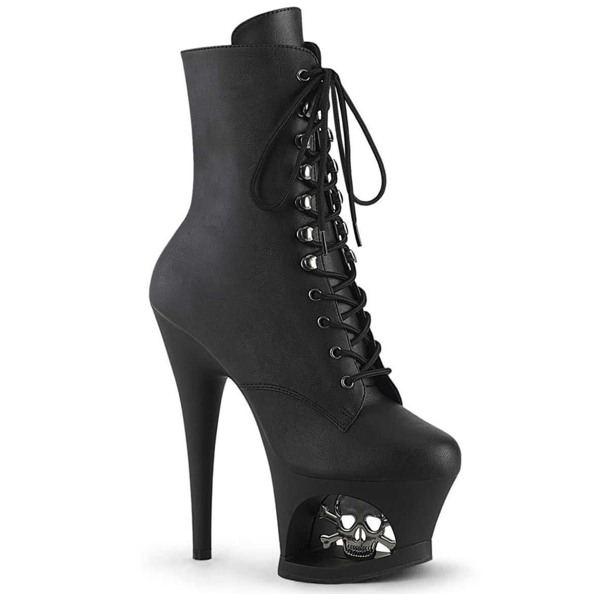 Product image of Pleaser MOON-1020SK Blk Faux Leather/Blk-Pewter 7 Inch Heel 2 3/4 Inch Cut-Out PF Lace-Up Ankle Boot Side Zip