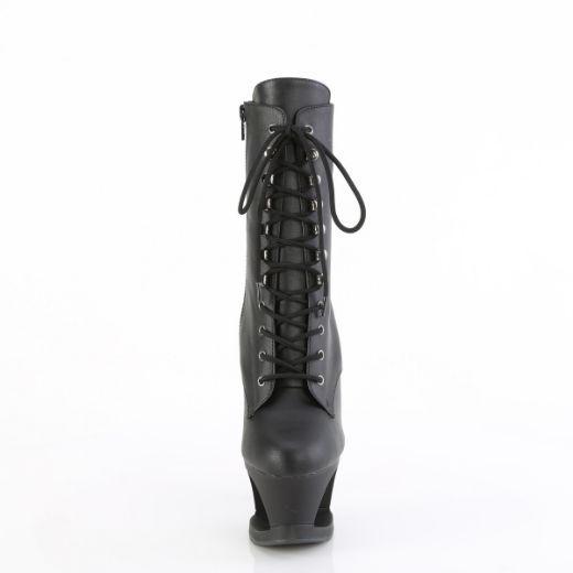 Product image of Pleaser MOON-1020SK Blk Faux Leather/Blk-Pewter 7 Inch Heel 2 3/4 Inch Cut-Out PF Lace-Up Ankle Boot Side Zip