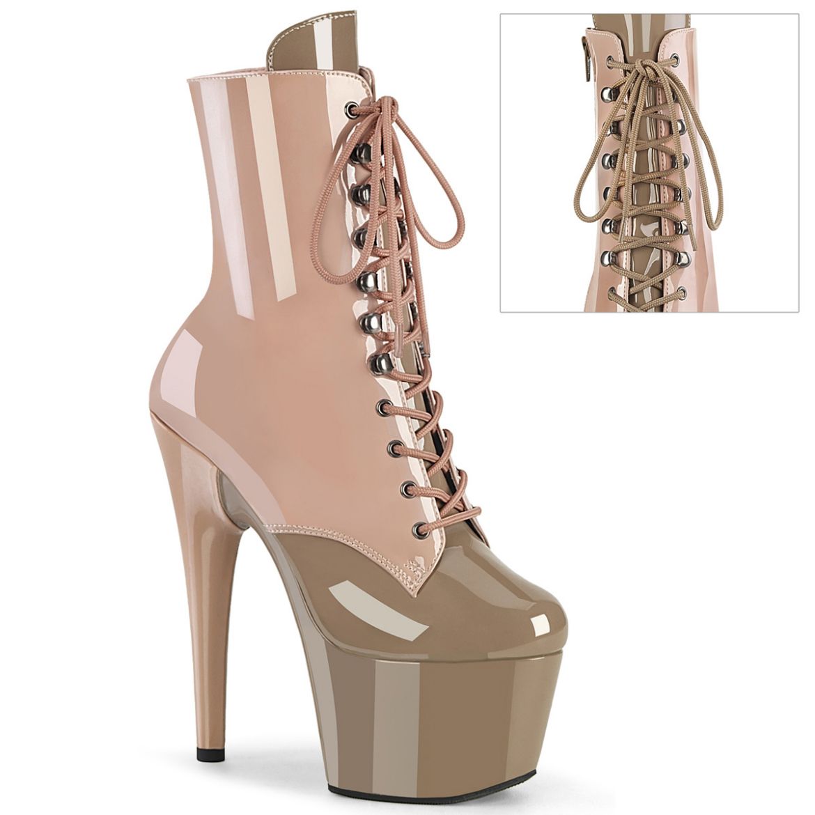 Product image of Pleaser ADORE-1020DC Dusty Pink-Sand Pat/M 7 Inch Heel 2 3/4 Inch PF Two Tone Lace-Up Ankle Boot Side Zip