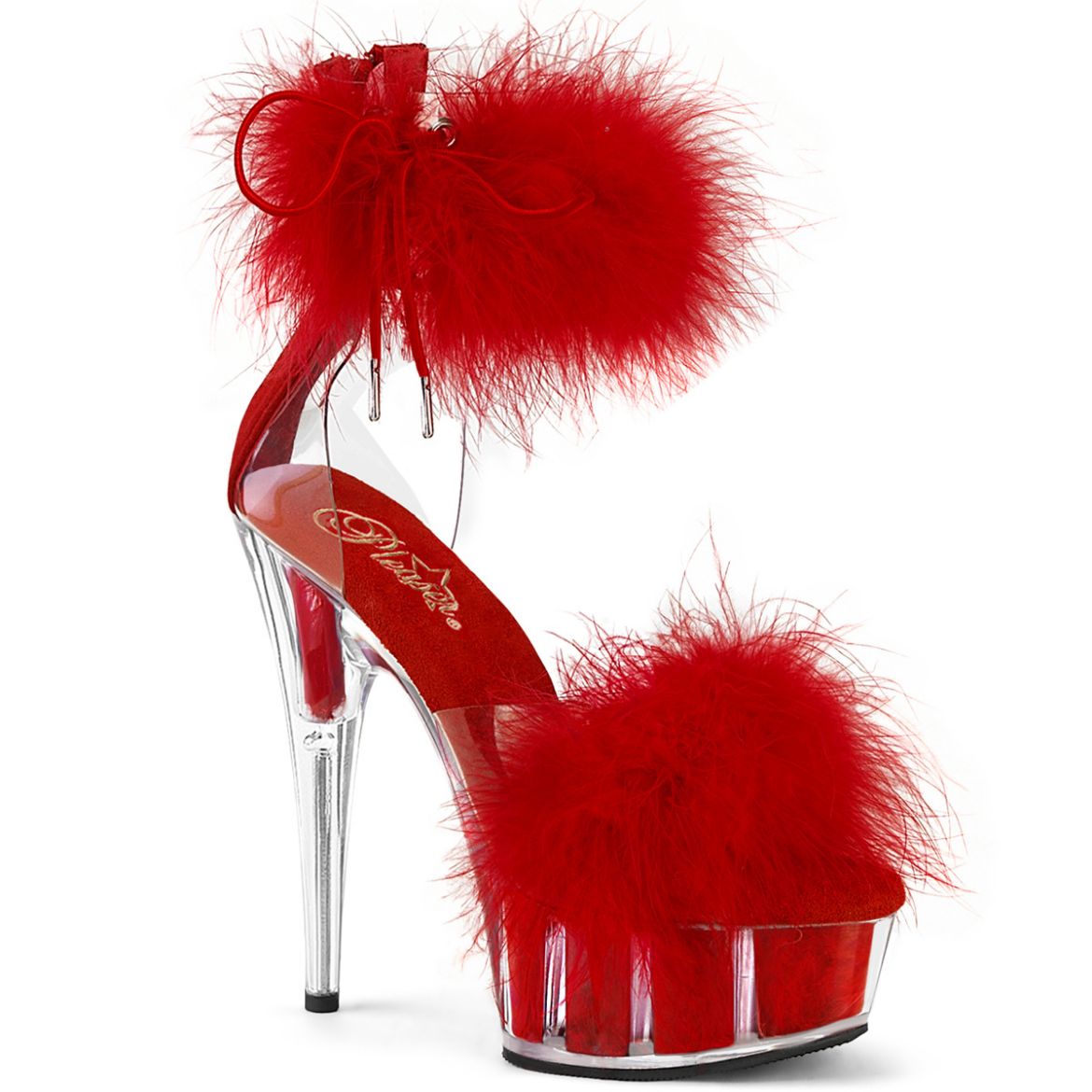 Product image of Pleaser DELIGHT-624F Clr-Red Fur/M 6 Inch Heel 1 3/4 Inch PF Marabou Fur Ankle Cuff Sandal Back Zip