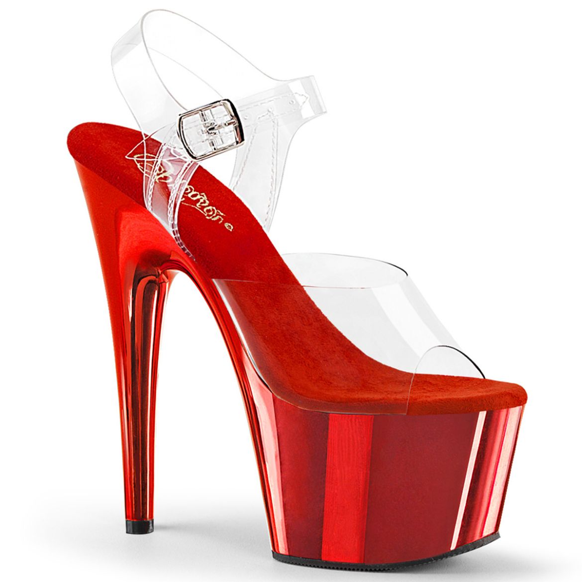 Product image of Pleaser ADORE-708 Clr-Matching/Red Chrome 7 Inch Heel 2 3/4 Inch PF Ankle Strap Sandal w/ Chrome Plated Btm