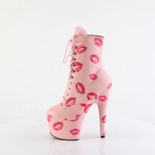 Product image of Pleaser ADORE-1020KISSES B. Pink Faux Leather/B. Pink Faux Leathe 7 Inch Heel 2 3/4 Inch PF Lace-Up Lips Print Ankle Boot Side Zip
