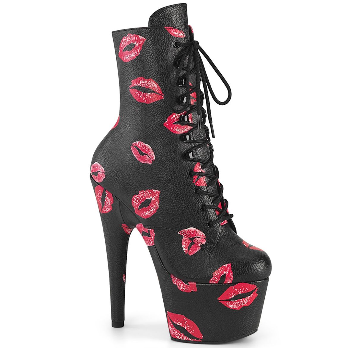 Product image of Pleaser ADORE-1020KISSES Blk Faux Leather/Blk Faux Leather 7 Inch Heel 2 3/4 Inch PF Lace-Up Lips Print Ankle Boot Side Zip