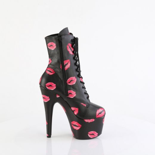 Product image of Pleaser ADORE-1020KISSES Blk Faux Leather/Blk Faux Leather 7 Inch Heel 2 3/4 Inch PF Lace-Up Lips Print Ankle Boot Side Zip