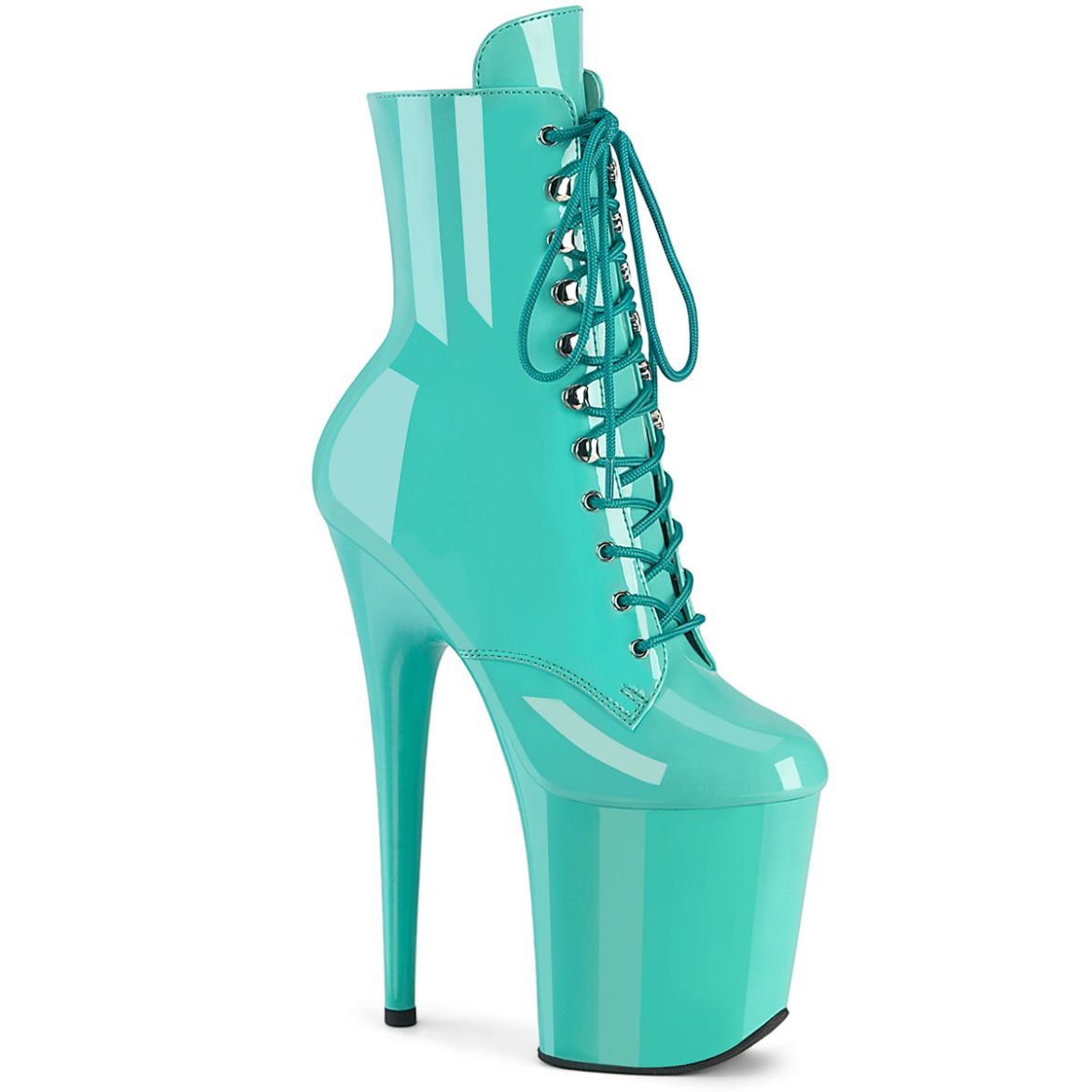 Product image of Pleaser FLAMINGO-1020 Aqua Pat/Aqua 8 Inch Heel 4 Inch PF Lace-Up Front Ankle Boot Side Zip