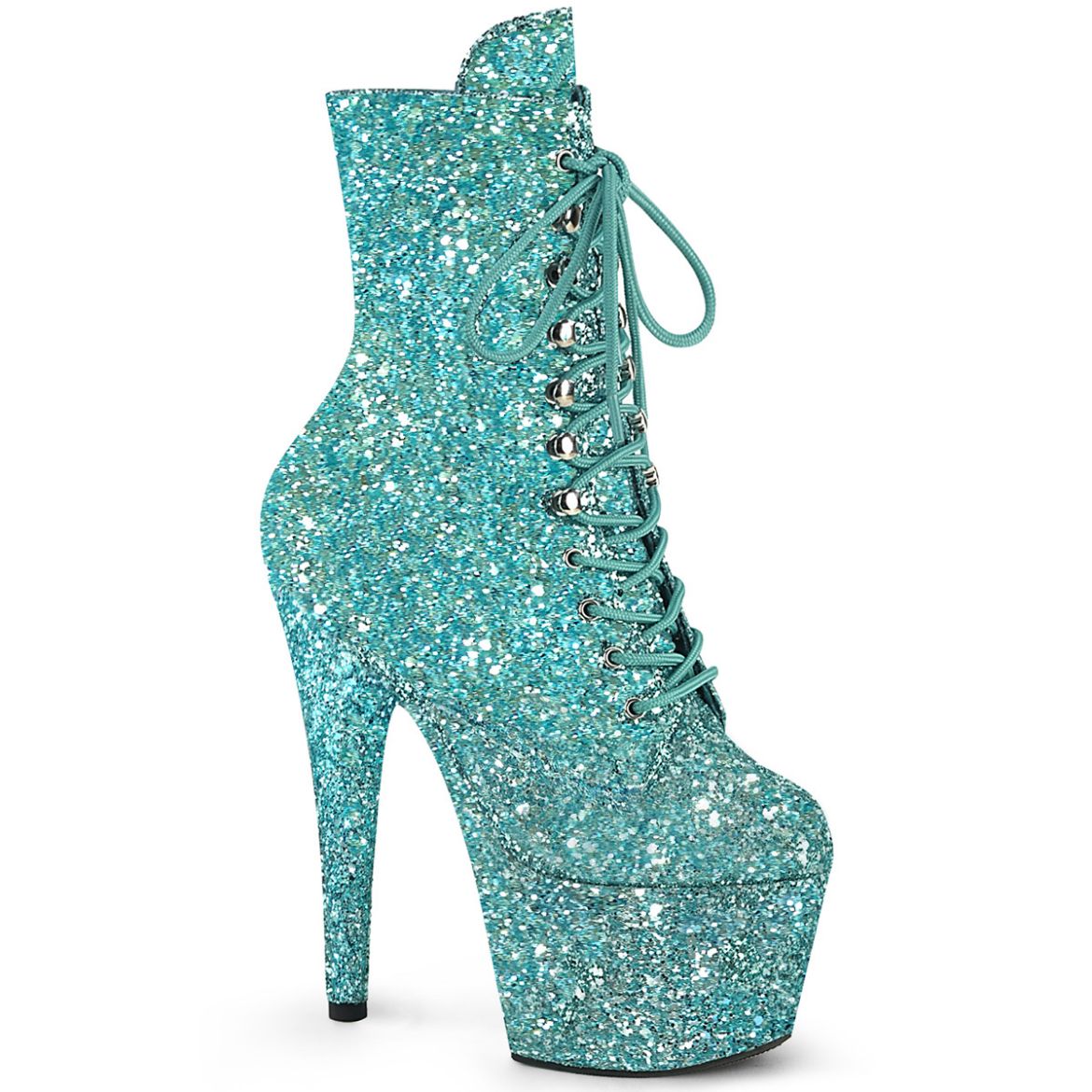 Product image of Pleaser ADORE-1020GWR Turquoise Glitter/Turquoise Glitter 7 Inch Heel 2 3/4 Inch PF Lace-Up Glitter Ankle Boot Side Zip