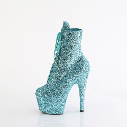 Product image of Pleaser ADORE-1020GWR Turquoise Glitter/Turquoise Glitter 7 Inch Heel 2 3/4 Inch PF Lace-Up Glitter Ankle Boot Side Zip