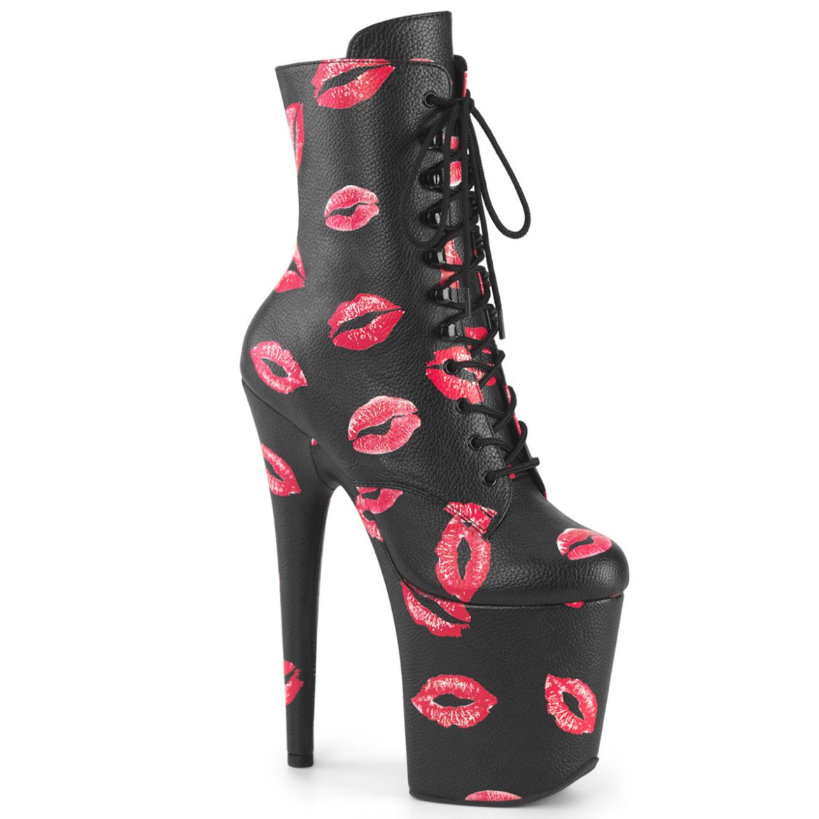 Product image of Pleaser FLAMINGO-1020KISSES Blk Faux Leather/Blk Faux Leather 8 Inch Heel  4 Inch PF Lace-Up Lips Print Ankle Boot Side Zip