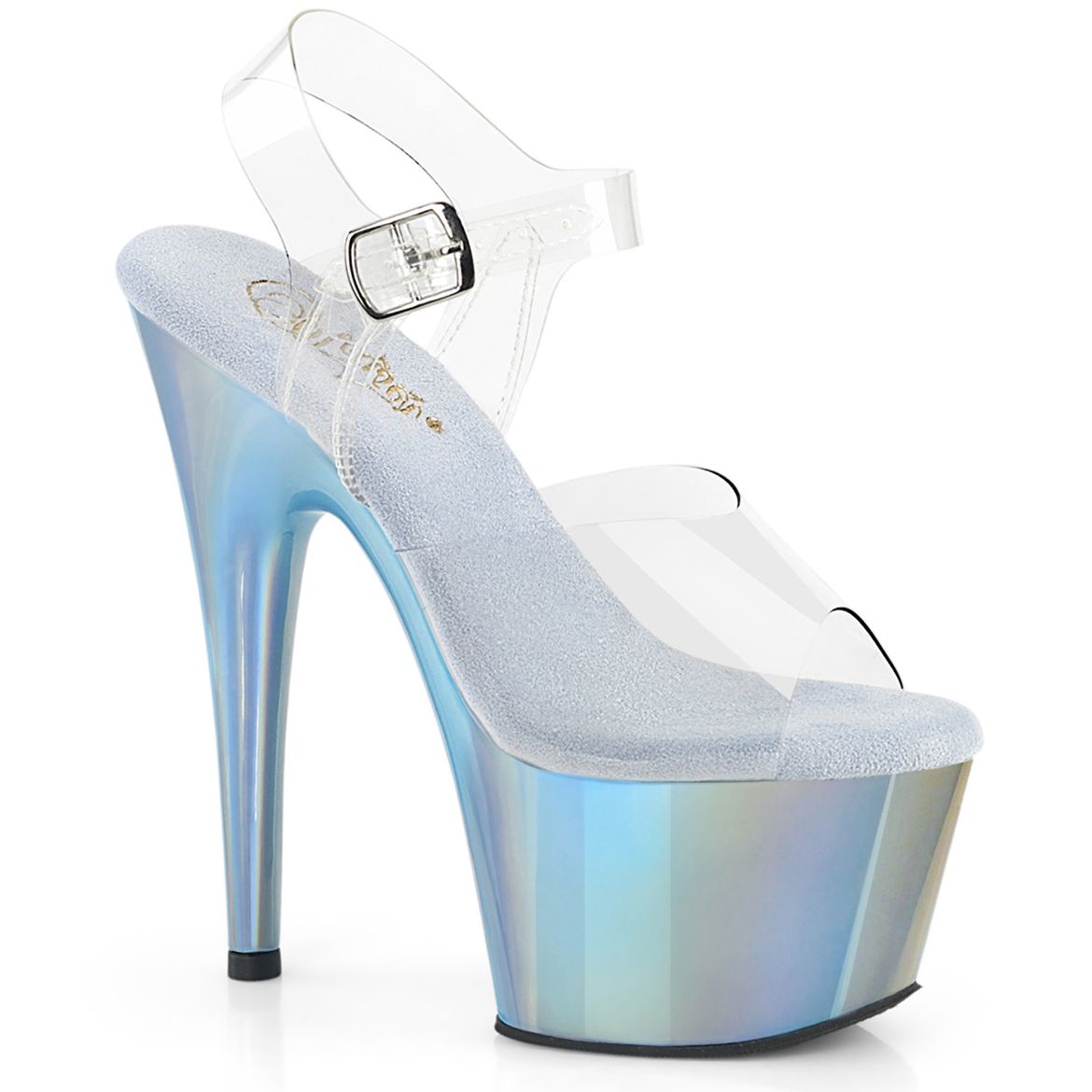 Product image of Pleaser ADORE-708LQ Clr/Liquid Lt. Blue Hologram 7 Inch Heel 2 3/4 Inch PF Ankle Strap Sandal