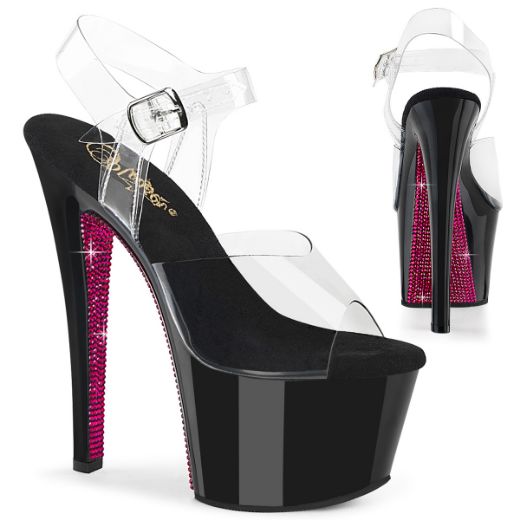 Product image of Pleaser SKY-308CRS Clr/Blk-H. Pink RS 7 Inch Heel 2 3/4 Inch PF Ankle Strap Sandal