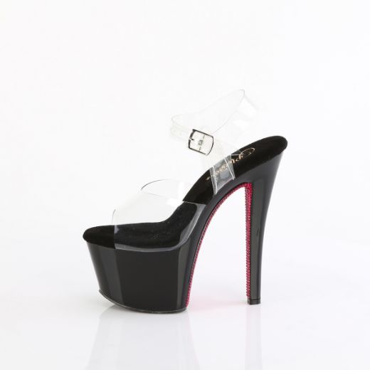 Product image of Pleaser SKY-308CRS Clr/Blk-H. Pink RS 7 Inch Heel 2 3/4 Inch PF Ankle Strap Sandal