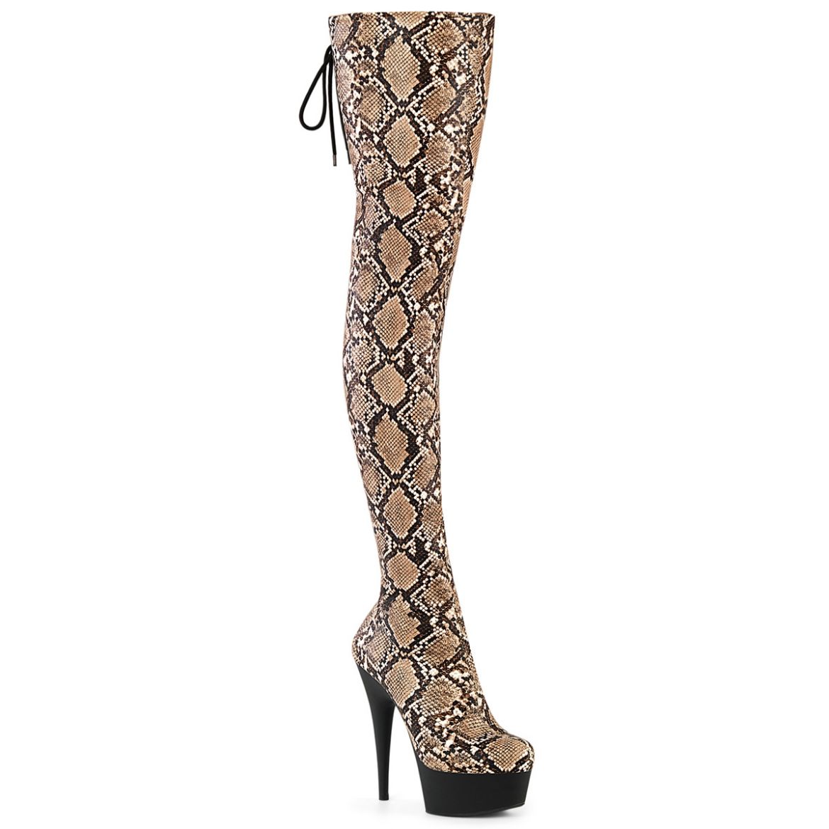 Product image of Pleaser DELIGHT-3008SP-BT Tan-Brown Snake Print/Blk Matte 6 Inch Heel 1 3/4 Inch PF Stretch Snake Print Pull-On Thigh Boot