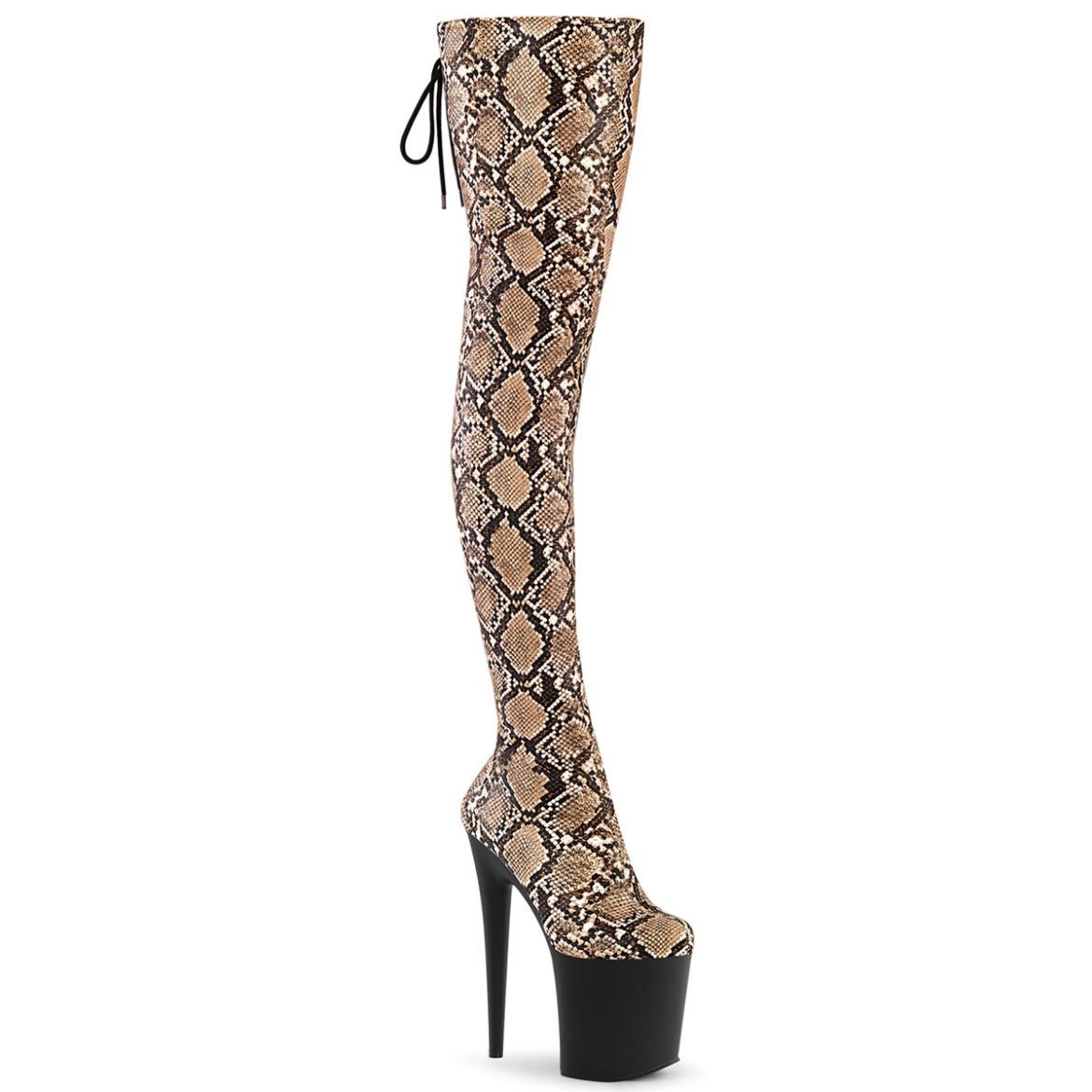 Product image of Pleaser FLAMINGO-3008SP-BT Tan-Brown Snake Print/Blk Matte 8 Inch Heel 4 Inch PF Stretch Snake Print Pull-On Thigh Boot
