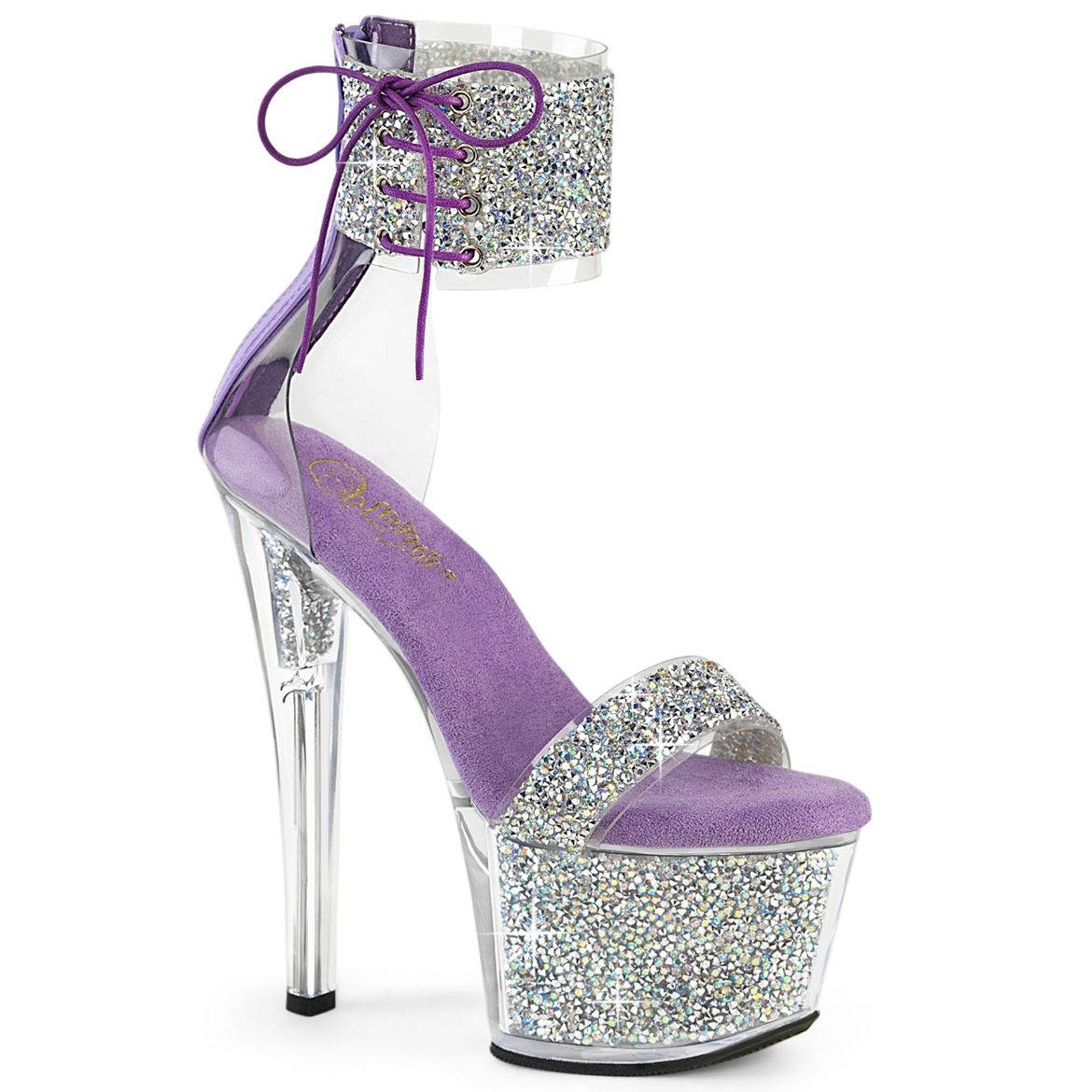 Product image of Pleaser SKY-327RSI Slv Multi RS-Lavender/Slv RS 7 Inch Heel 2 3/4 Inch PF Ankle Cuff Sandal w/RS Back Zip