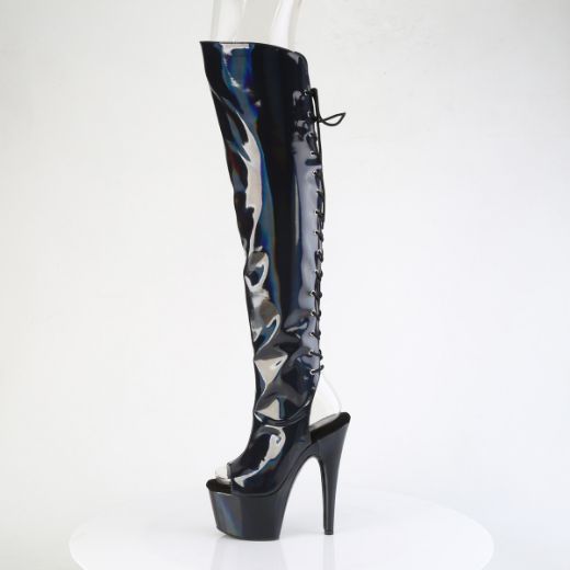 Product image of Pleaser ADORE-3019HWR Blk Str. Holo/Blk Holo 7 Inch Heel 2 3/4 InchPF Open Toe/Heel Over-The-Knee Boot Side Zip