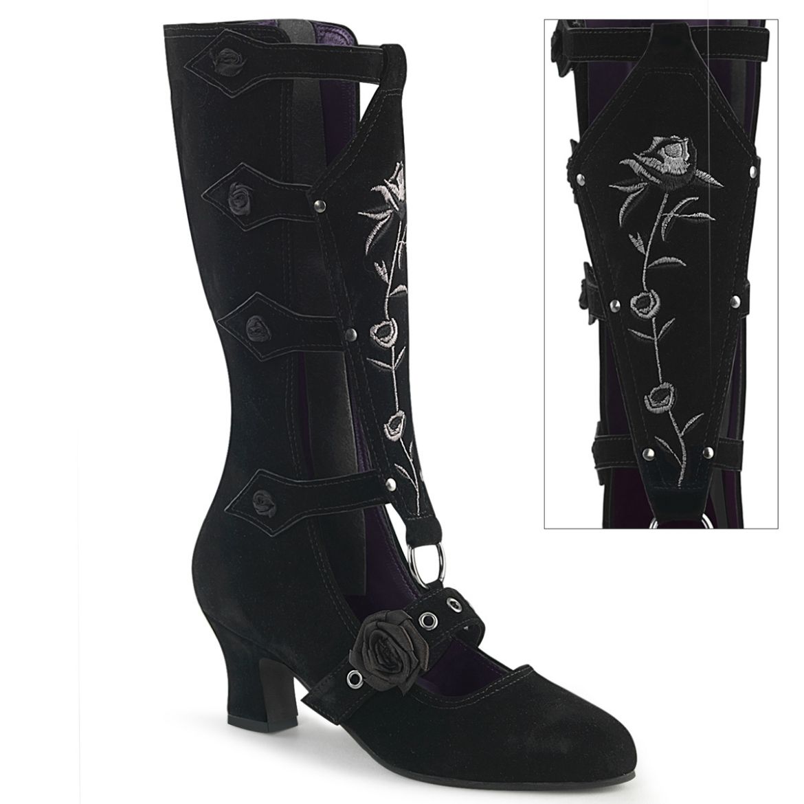 Product image of Demoniacult WHIMSY-118 Blk Vegan Suede 2 1/2 Inch Heel Mid-Calf Boot