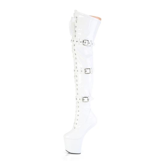 Product image of Pleaser CRAZE-3028 Wht Str. Pat/Wht 8 Inch Heelless 3 Inch PF Lace-Up Front Thigh Boot Side Zip