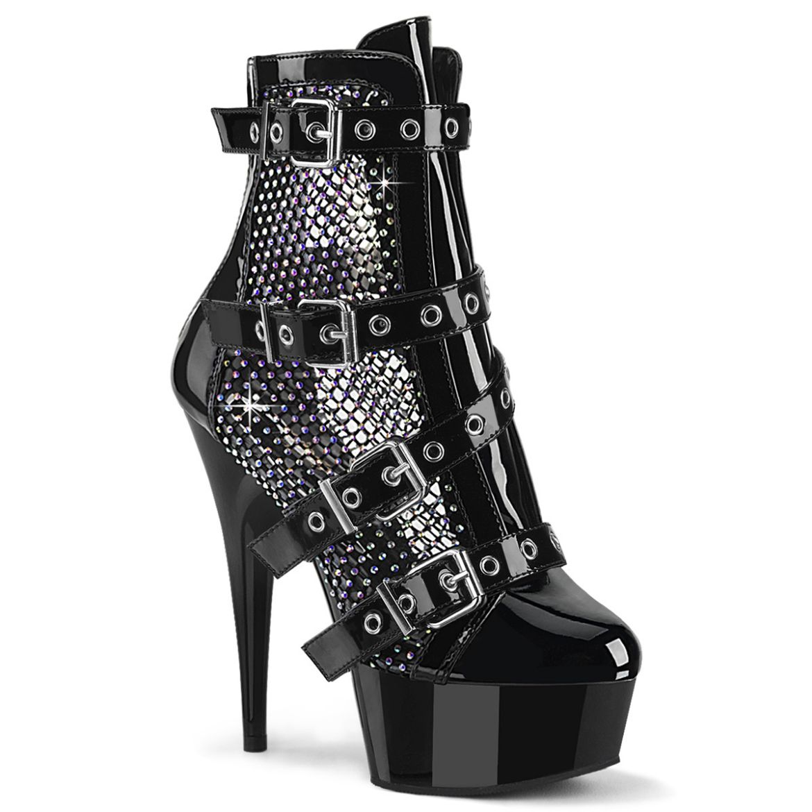 Product image of Pleaser DELIGHT-1013RM Blk Pat-RS Mesh/Blk 6 Inch Heel 1 3/4 Inch PF Strappy Ankle Boot Back Zip
