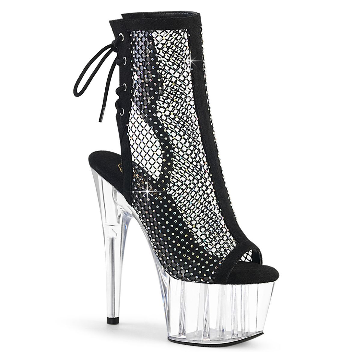 Product image of Pleaser ADORE-1018RM Blk Faux Suede-RS Mesh/Clr 7 Inch Heel 2 3/4 Inch PF Open Toe/Heel Ankle Boot