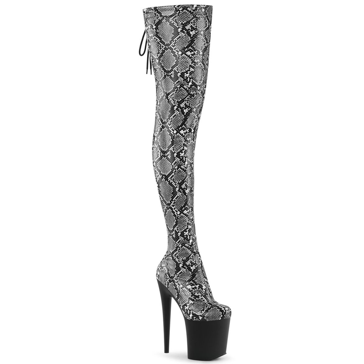 Product image of Pleaser FLAMINGO-3008SP-BT Grey-Blk Snake Print/Blk Matte 8 Inch Heel 4 Inch PF Stretch Snake Print Pull-On Thigh Boot