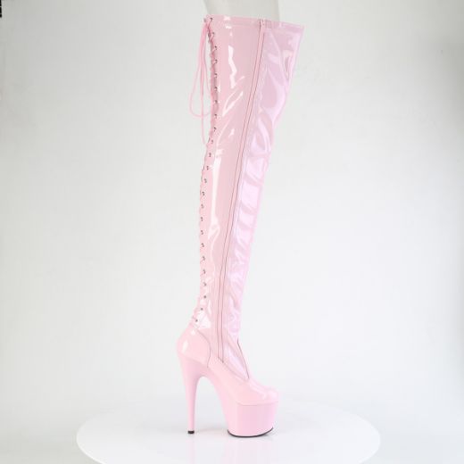 Product image of Pleaser ADORE-3850 B. Pink Str. Pat/B. Pink 7 Inch Heel 2 3/4 Inch PF Lace-Up Back Stretch Thigh Boot Side Zip