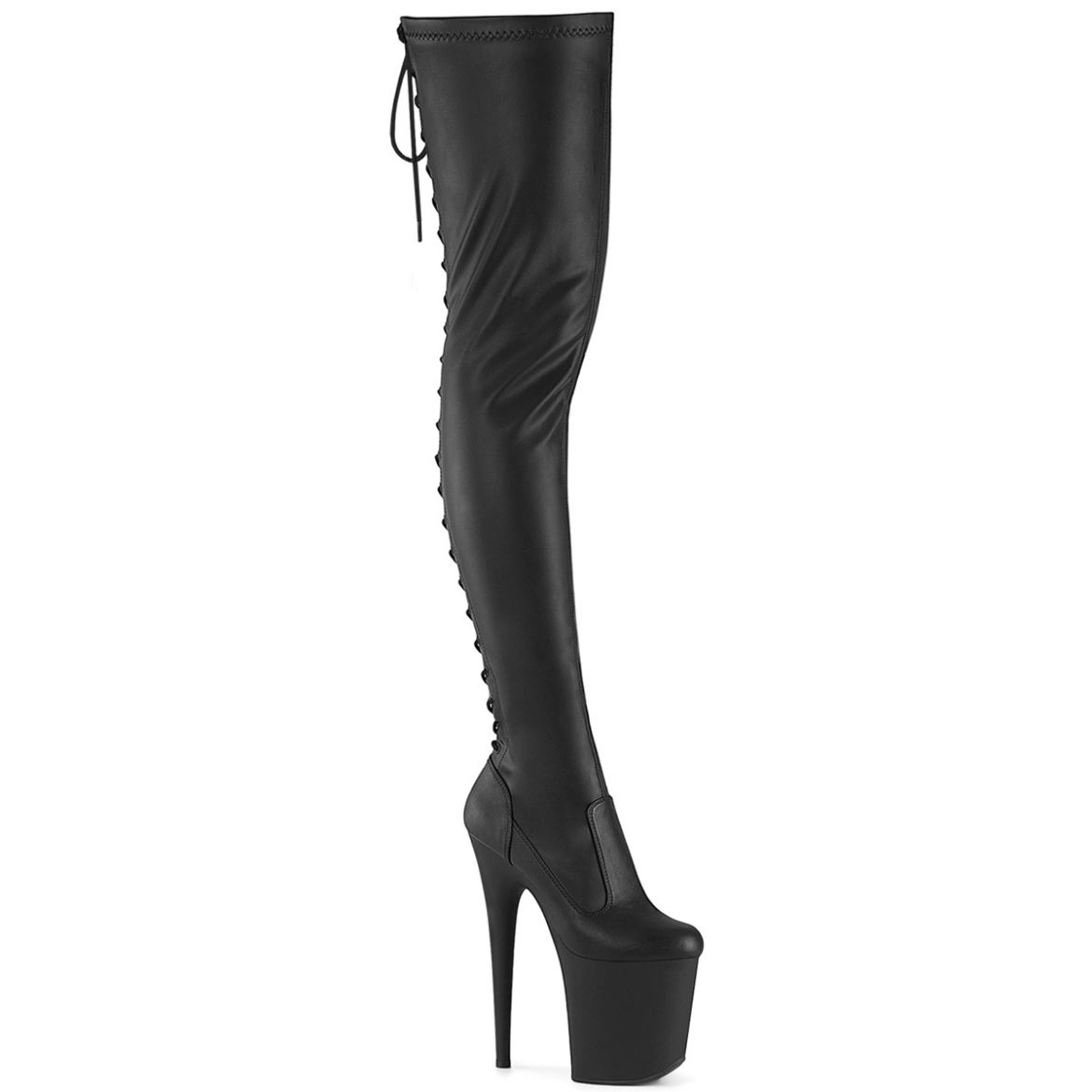 Product image of Pleaser FLAMINGO-3850 Blk Str. Faux Leather/Blk Matte 8 Inch Heel 4 Inch PF Lace-Up Back Stretch Thigh Boot Side Zip