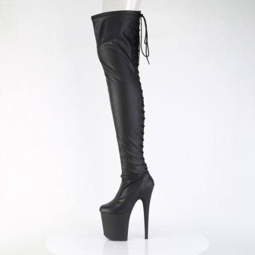 Product image of Pleaser FLAMINGO-3850 Blk Str. Faux Leather/Blk Matte 8 Inch Heel 4 Inch PF Lace-Up Back Stretch Thigh Boot Side Zip