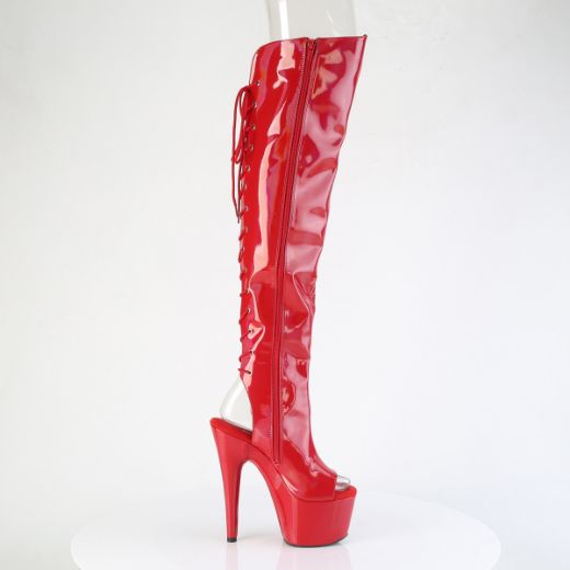 Product image of Pleaser ADORE-3019HWR Red Str. Holo/Red Holo 7 Inch Heel 2 3/4 InchPF Open Toe/Heel Over-The-Knee Boot Side Zip